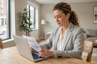 Propriétaire estimant le loyer de son appartement avec des documents d'estimation immobilière sur une table en bois