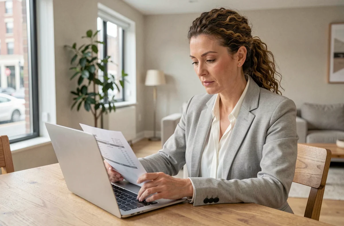 Propriétaire estimant le loyer de son appartement avec des documents d'estimation immobilière sur une table en bois