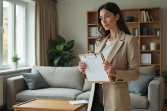 Propriétaire effectuant un état des lieux dans un appartement meublé avec une liste de mobilier sur un clipboard