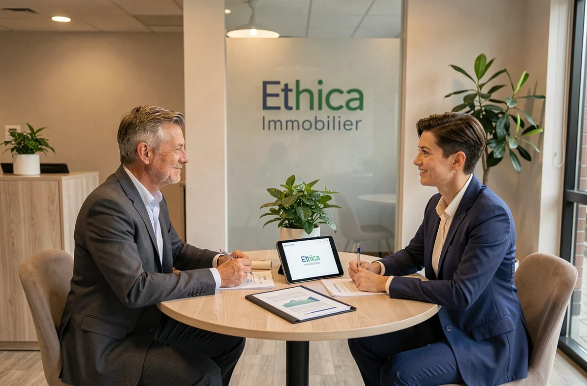 Agents d'Ethica Immobilier en consultation avec des copropriétaires dans leur agence de Tours
