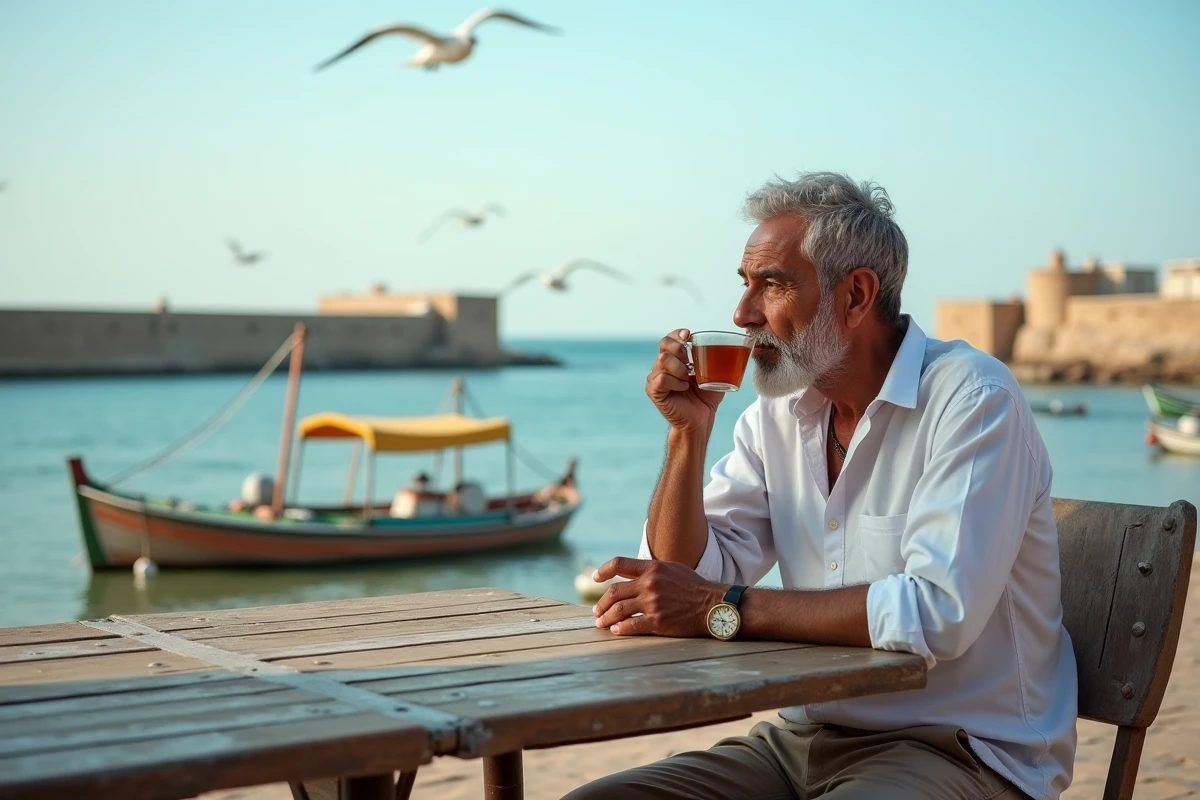 Homme installé à une terrasse de café face à l'océan Atlantique à Essaouira profitant de la douceur du climat lors d'un séjour longue durée