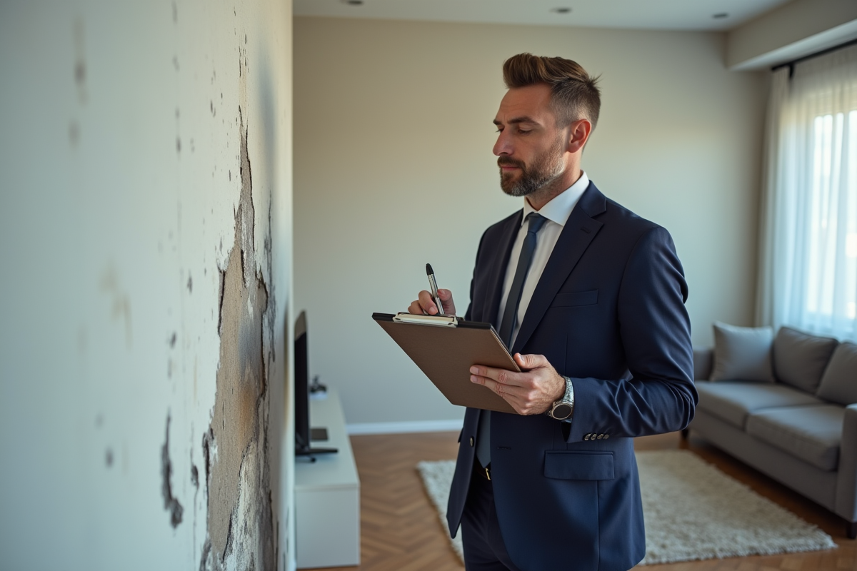 Expert en rénovation examinant des dégâts d'eau sur un mur
