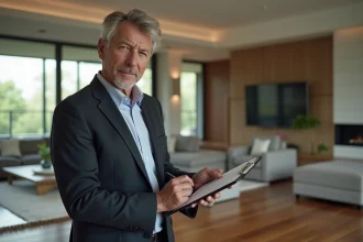 Expert immobilier en intérieur de luxe lors d'une évaluation