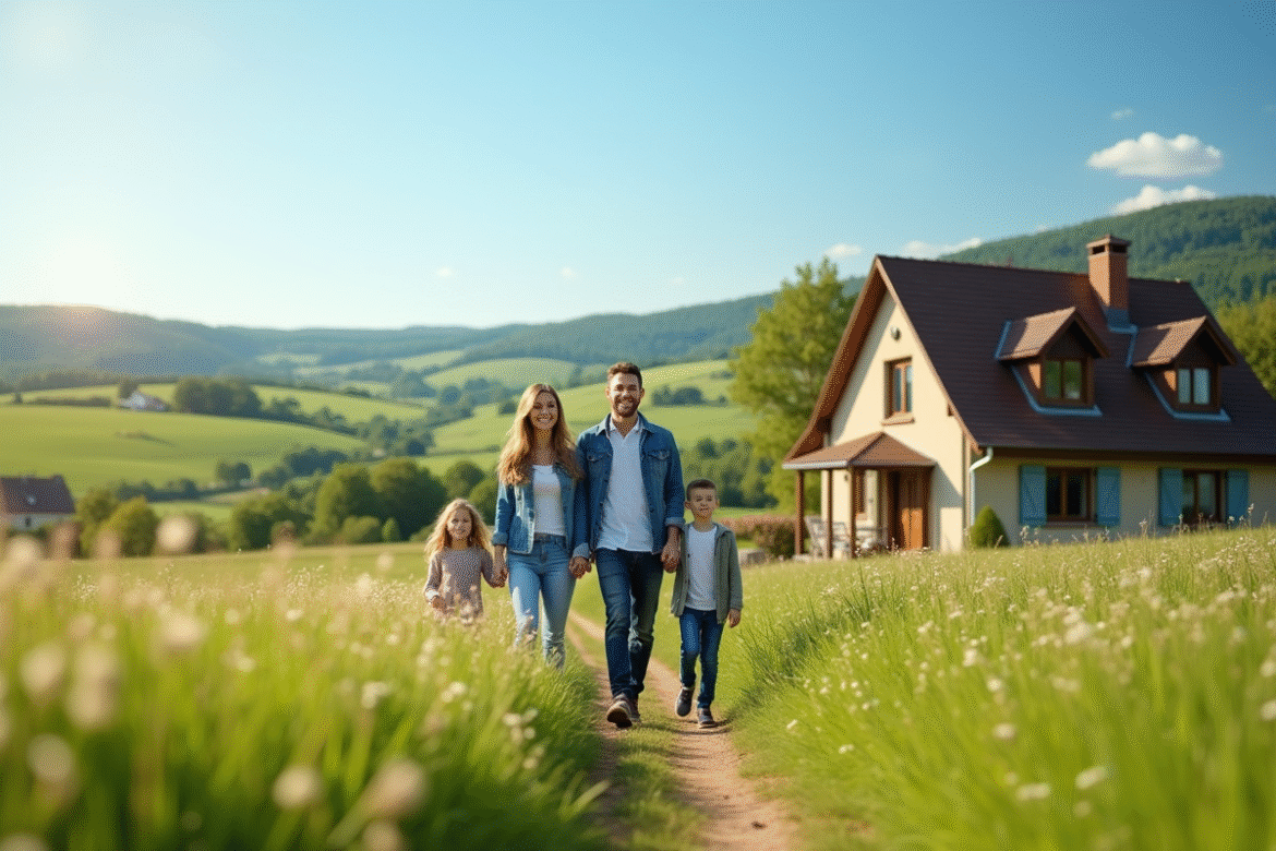 Famille heureuse devant une maison de campagne en France