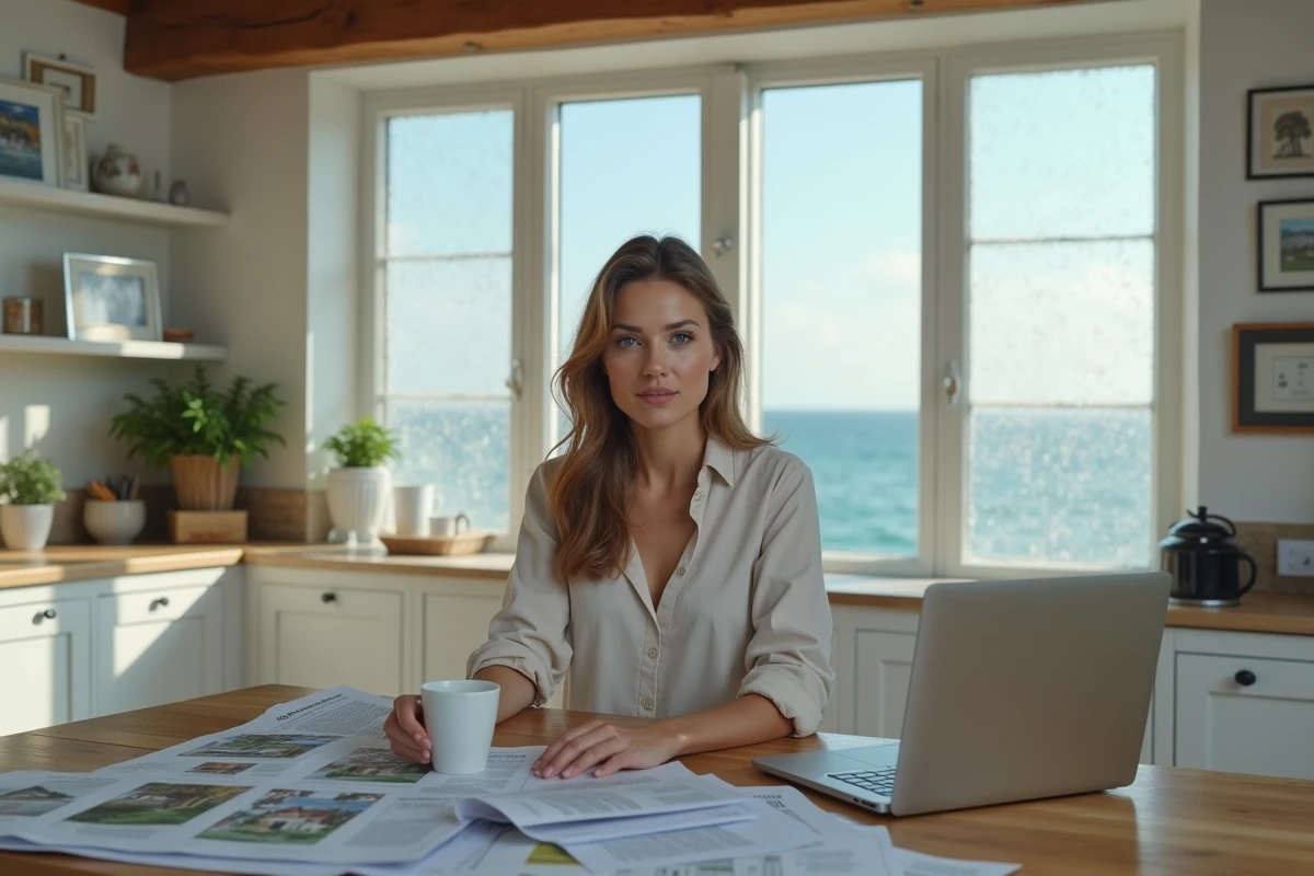 Femme débordée par les offres immobilières côtières, entourée de documents de vente dans une cuisine de maison vue mer