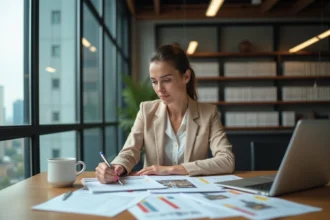 Jeune femme d'affaires en réunion immobiliere