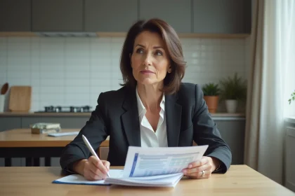 Femme d'affaires réfléchie tenant des documents dans une cuisine moderne