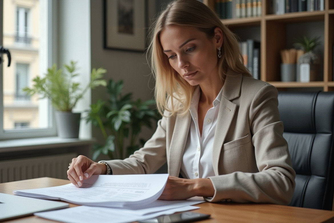 Femme d affaires française en bureau étudiant des documents