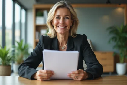 Femme d'affaires souriante tenant un dossier de prêt immobilier