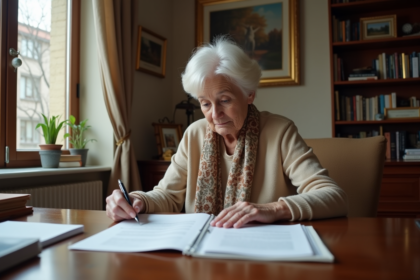 Femme agee lisant des documents dans un salon cosy