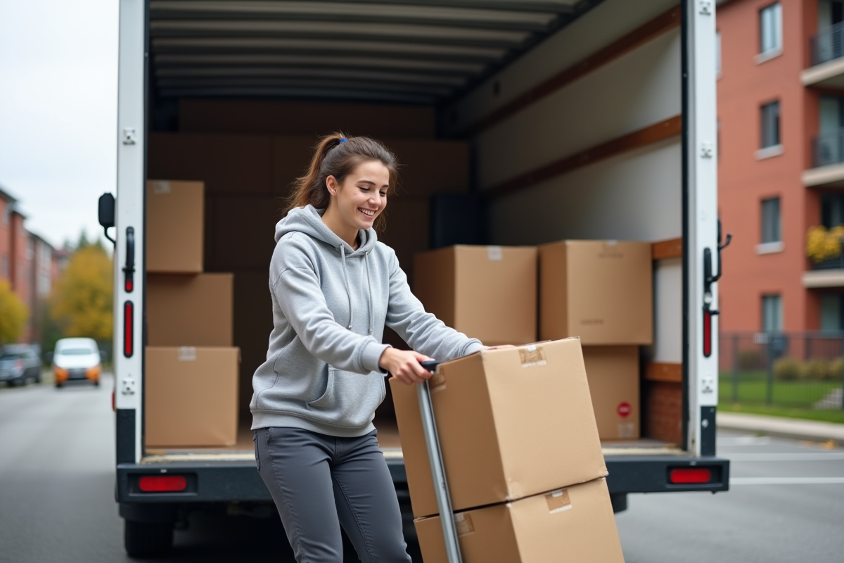 Jeune femme emballant des cartons dans un camion blanc
