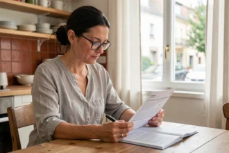 Femme consultant un contrat d'assurance multirisque habitation à la table de sa cuisine