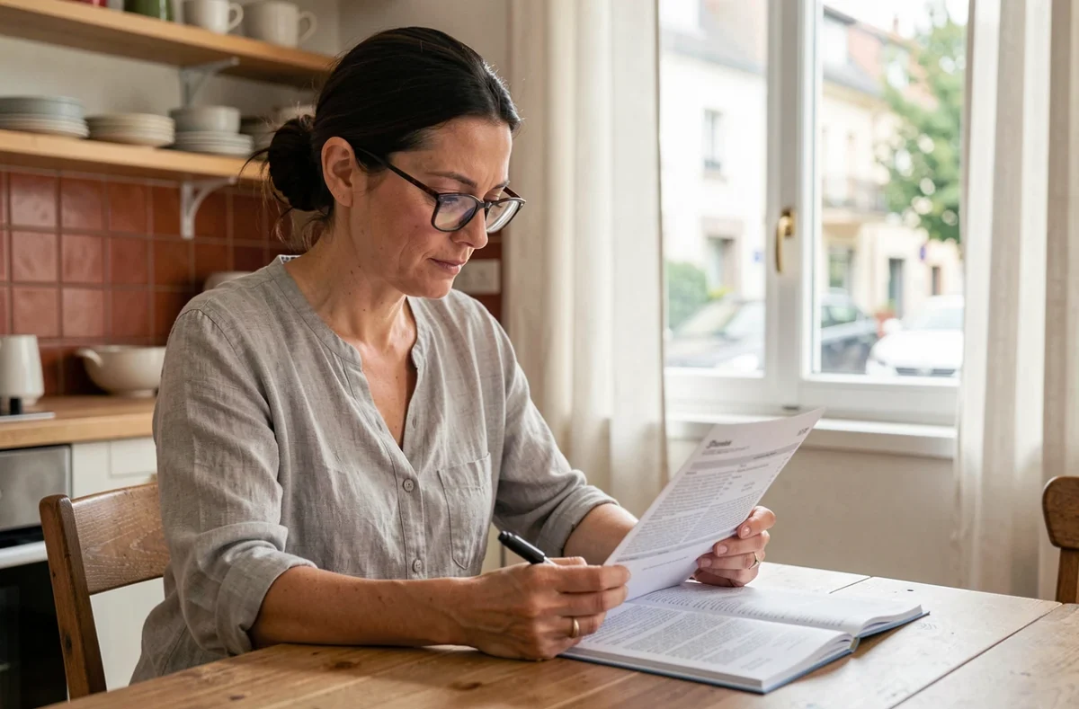 Femme consultant un contrat d'assurance multirisque habitation à la table de sa cuisine