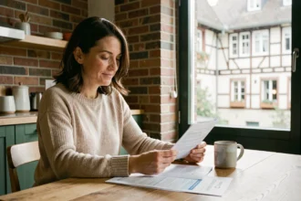 Femme consultant un contrat d'assurance habitation dans un appartement de Mulhouse avec vue sur des maisons alsaciennes