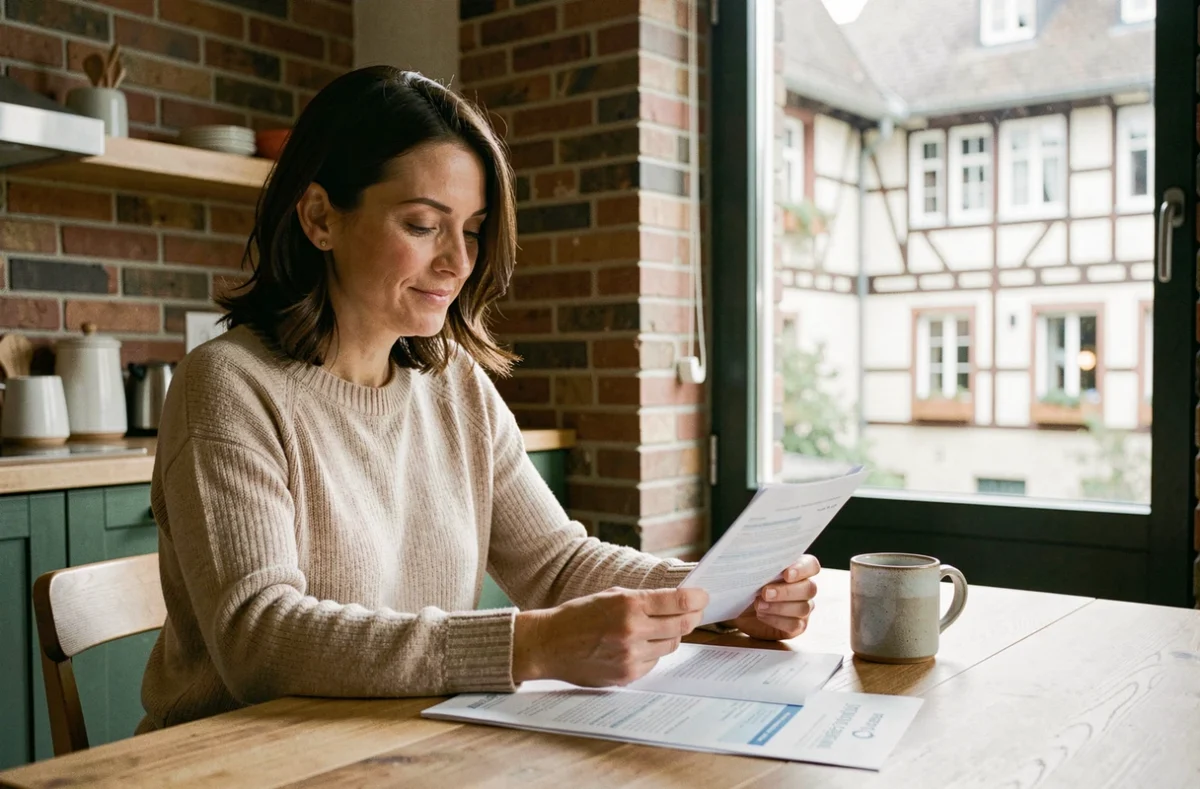 Femme consultant un contrat d'assurance habitation dans un appartement de Mulhouse avec vue sur des maisons alsaciennes