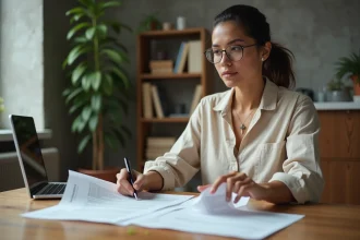 Femme consultant un contrat de location et des documents relatifs aux loyers et charges dans un appartement moderne