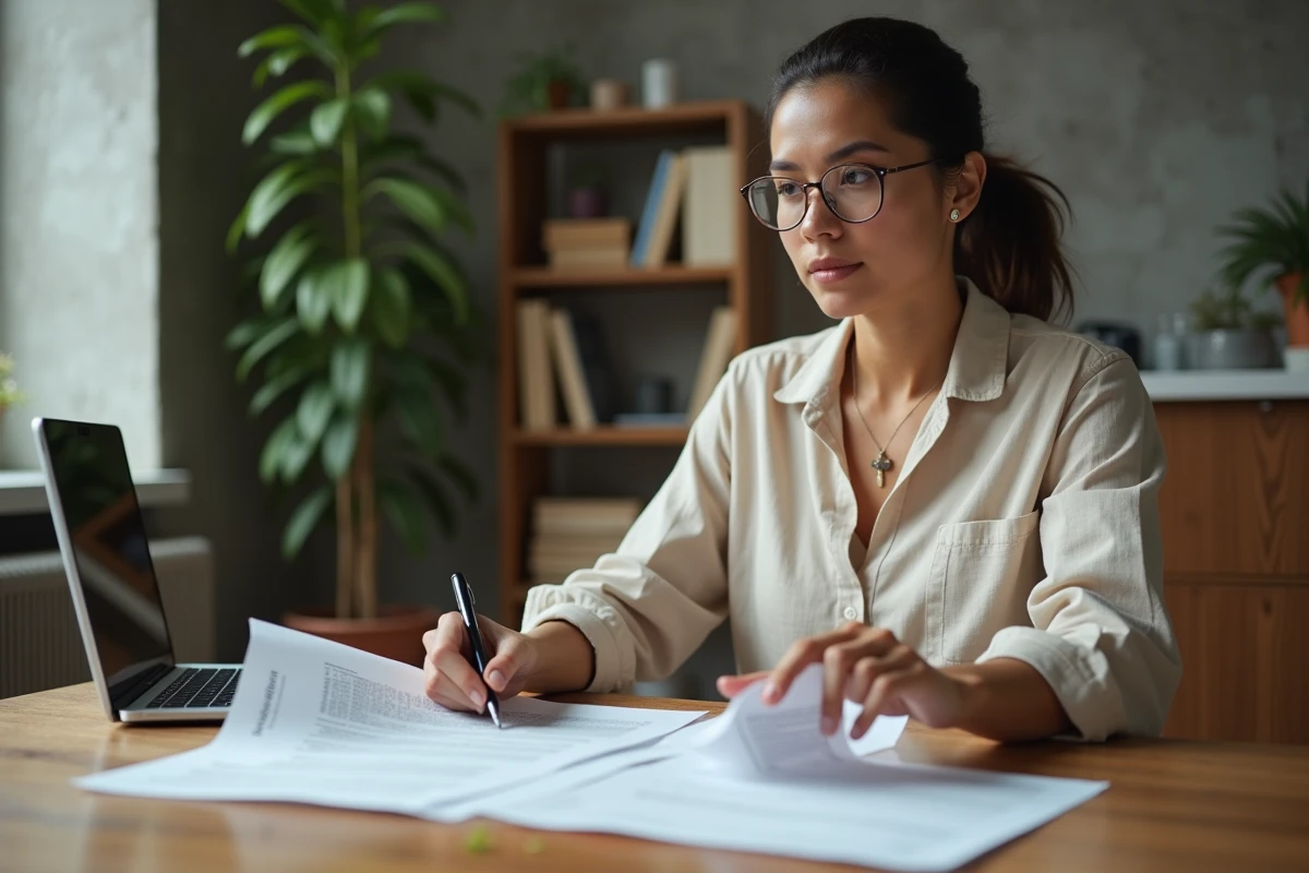 Femme consultant un contrat de location et des documents relatifs aux loyers et charges dans un appartement moderne
