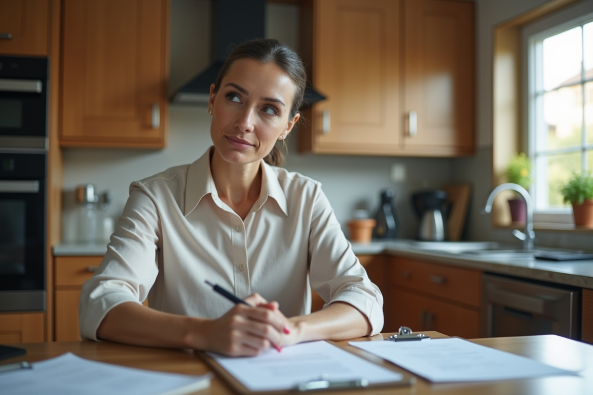 Femme d'âge moyen en tenue décontractée au kitchen reviewant des documents
