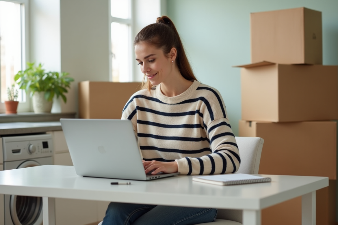 Jeune femme organisée dans sa cuisine avec ordinateur