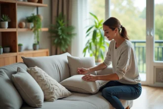 Femme arrangeant des coussins dans un salon lumineux