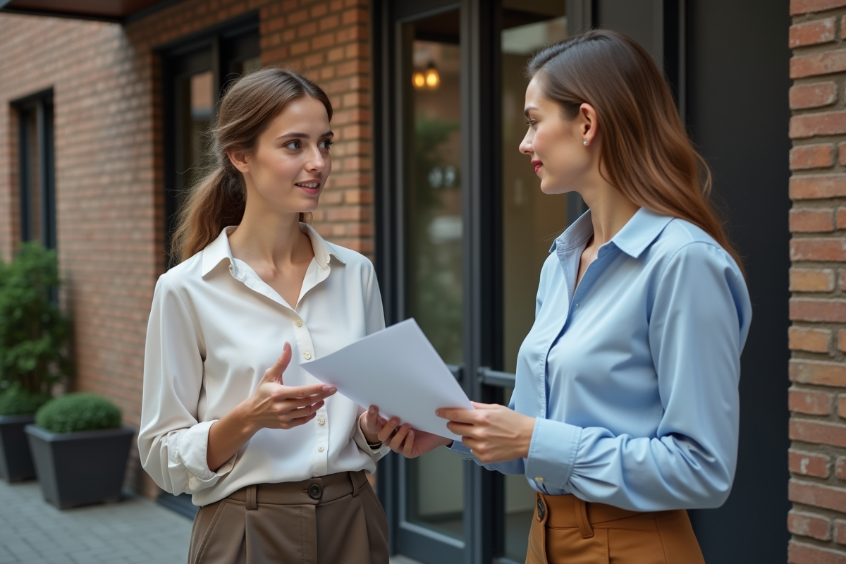 Jeune femme parle avec une autre devant un immeuble résidentiel urbain