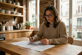 Femme consultant des documents d'assurance habitation à une table de cuisine dans un appartement moderne