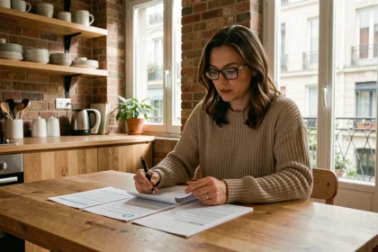 Femme consultant des documents d'assurance habitation à une table de cuisine dans un appartement moderne