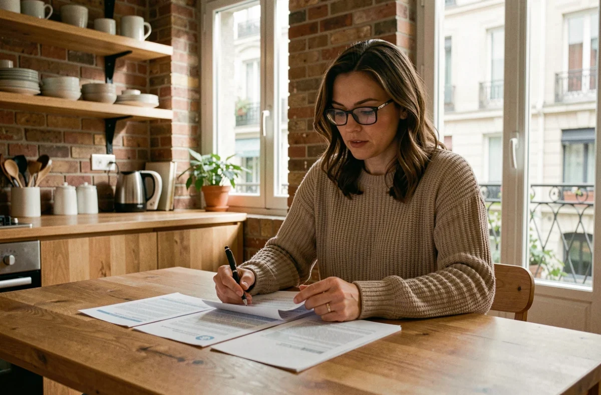 Femme consultant des documents d'assurance habitation à une table de cuisine dans un appartement moderne