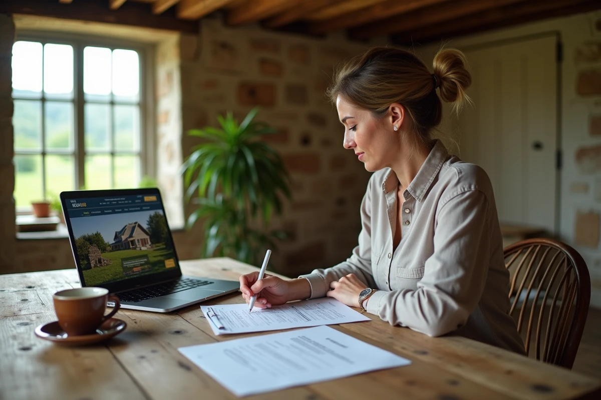 Femme consultant des documents fonciers et un site immobilier pour financer un projet de chambres d'hôtes
