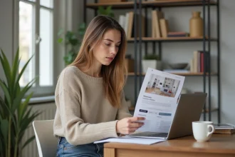 Jeune femme consultant la plateforme Zelok sur son ordinateur portable pour préparer son dossier de location d'appartement