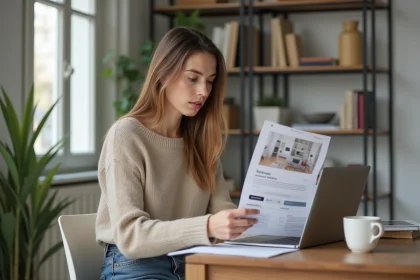 Jeune femme consultant la plateforme Zelok sur son ordinateur portable pour préparer son dossier de location d'appartement