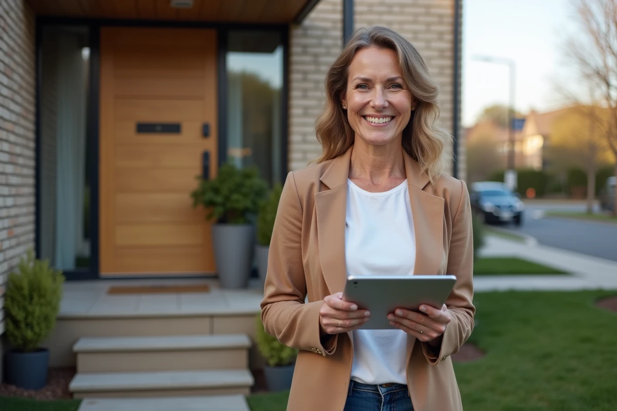 Femme confiante devant sa nouvelle maison