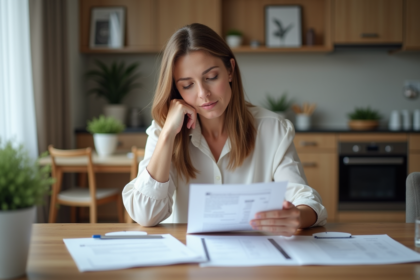 Femme d'âge moyen étudie des factures de location dans un appartement moderne