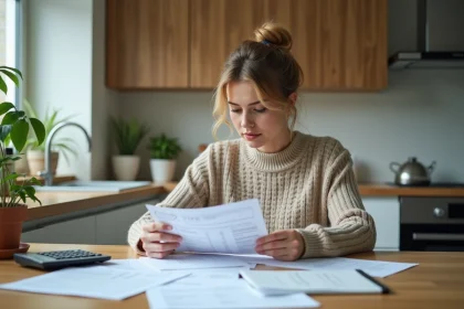Femme examinant des factures et documents de location