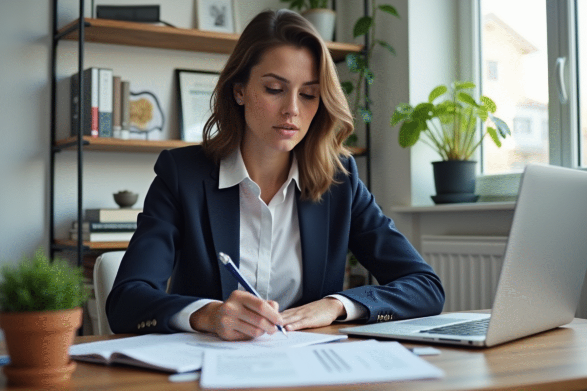 Femme professionnelle en bureau immobilier moderne