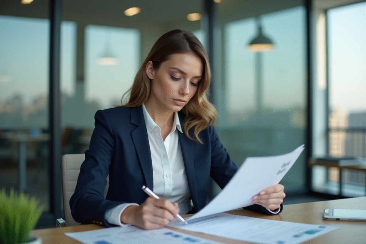 Jeune femme en blazer bleu examine documents immobiliers