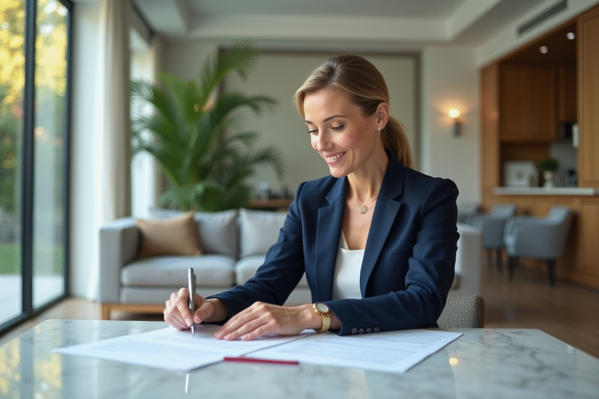 Femme élégante en costume navy examine documents immobiliers