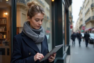 Femme d affaires regardant des annonces immobilières à Paris