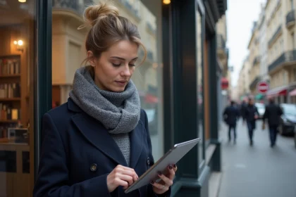 Femme d affaires regardant des annonces immobilières à Paris