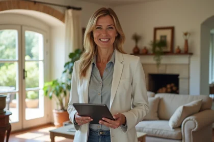Femme souriante tenant une tablette dans un intérieur provençal