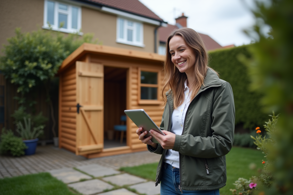 Femme souriante dans son jardin vérifiant des notes de rénovation