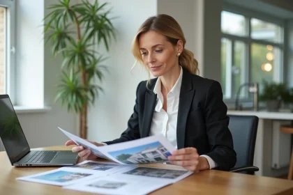 Femme d'âge moyen consulte des brochures immobilières dans un bureau moderne