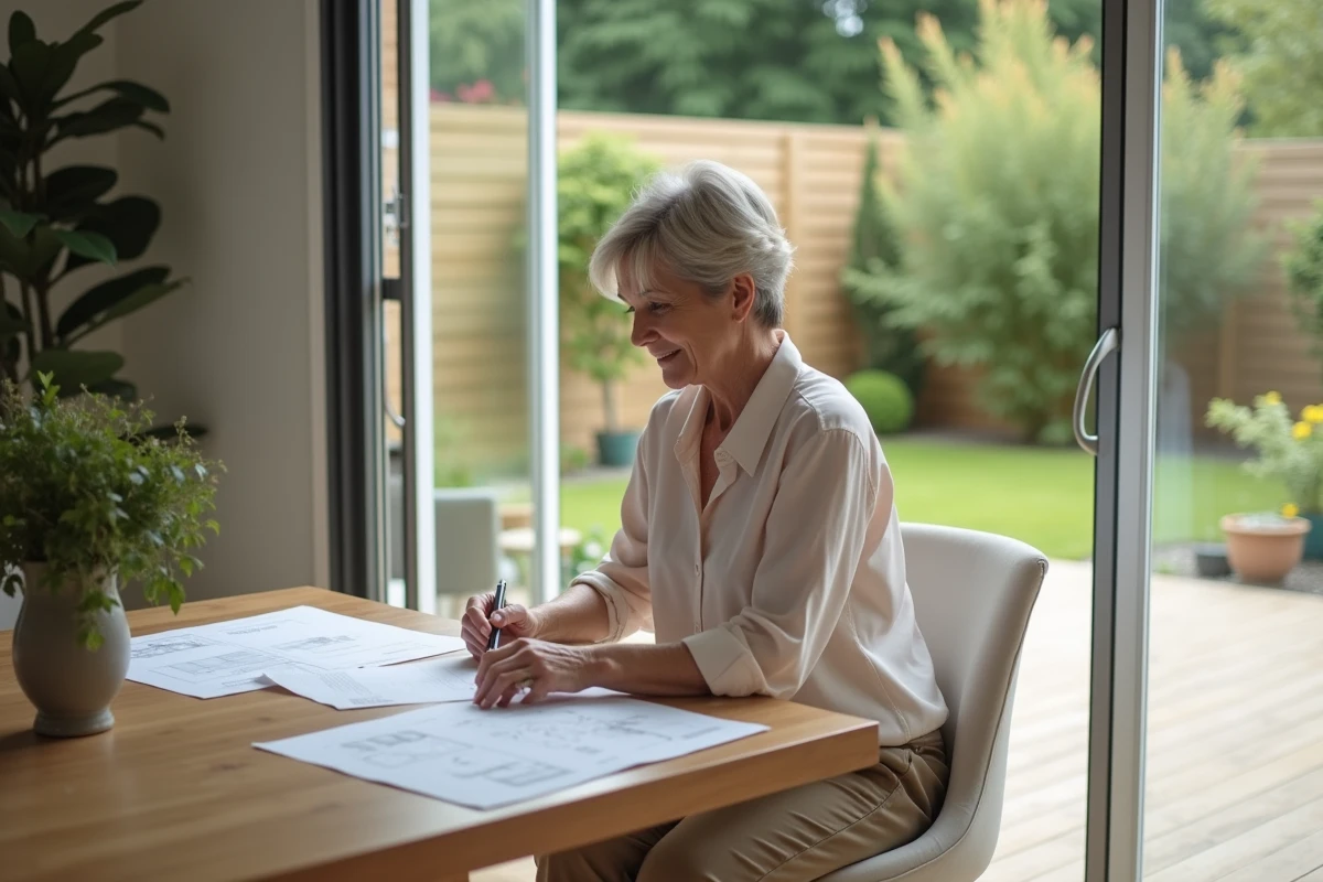Femme examinant des documents immobiliers à l