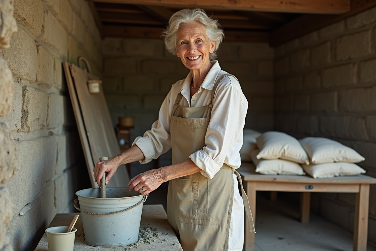Femme âgée montrant la préparation du mortier dans un atelier intérieur