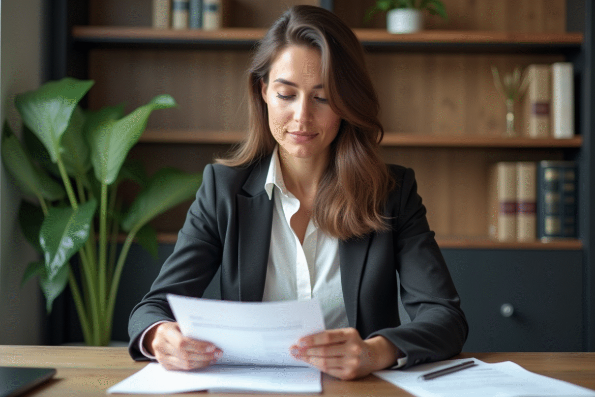 Femme en blazer examinant un document notarial dans un bureau moderne