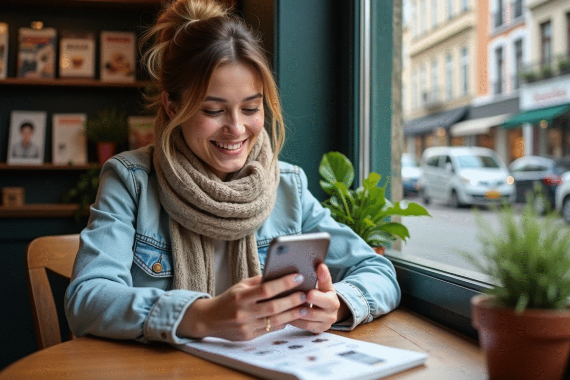 Femme souriante utilisant son smartphone pour consulter des offres locales
