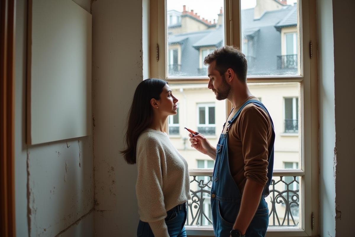 Jeune femme et peintre discutant reparations dans un appartement