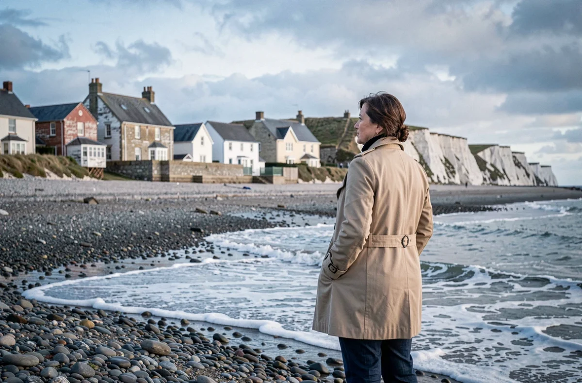 Femme contemplant des maisons en bord de mer normand depuis la plage de galets, projet d'achat immobilier côtier