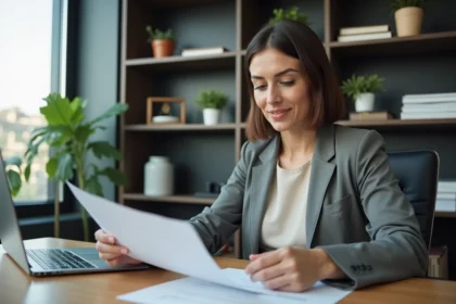 Femme professionnelle en bureau lisant un document