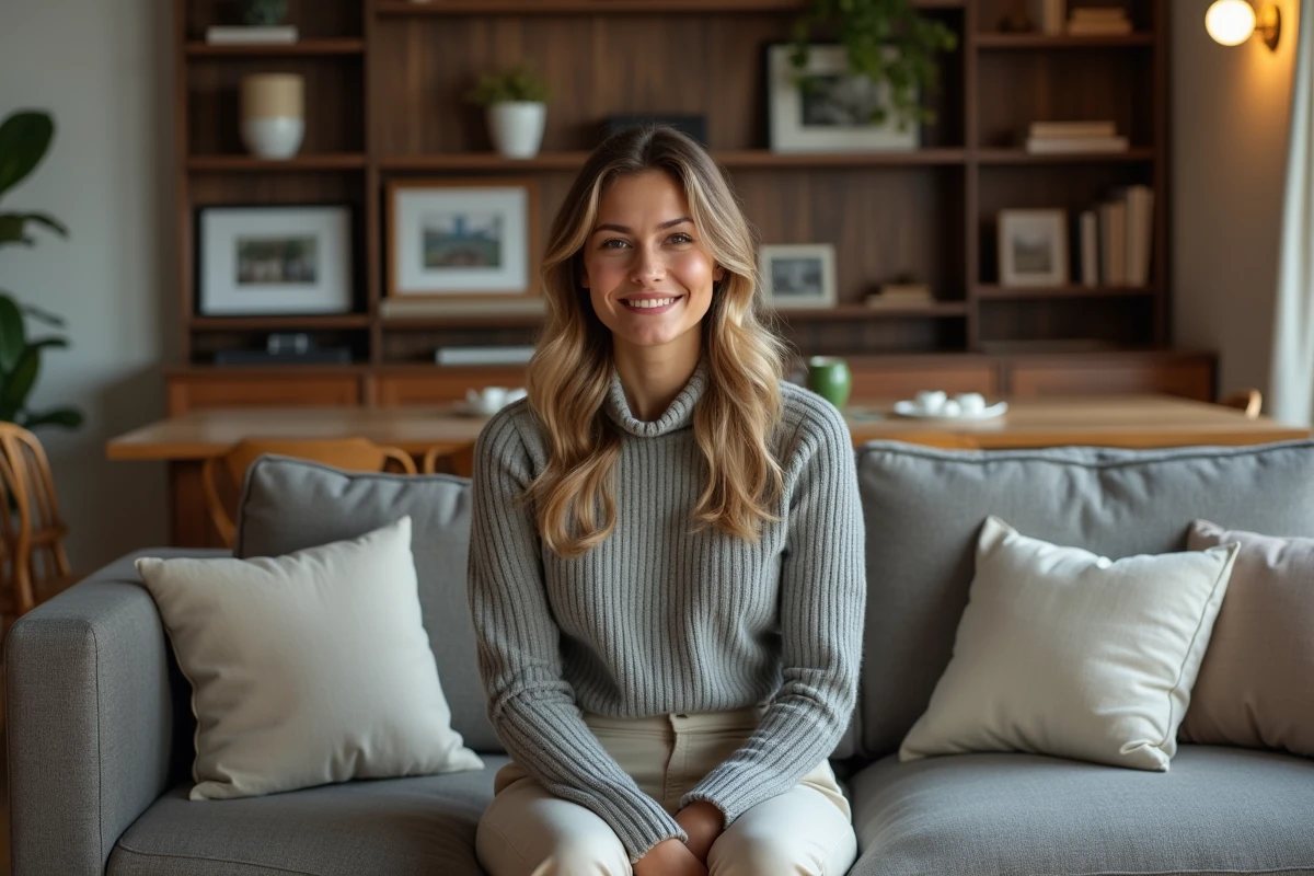 Jeune femme professionnelle dans un salon cosy et bien décoré